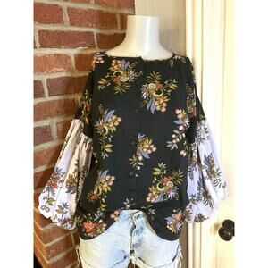 Boho Mixed Print Blouse Statement Sleeve Cotton Top Eclectic Festival Artsy